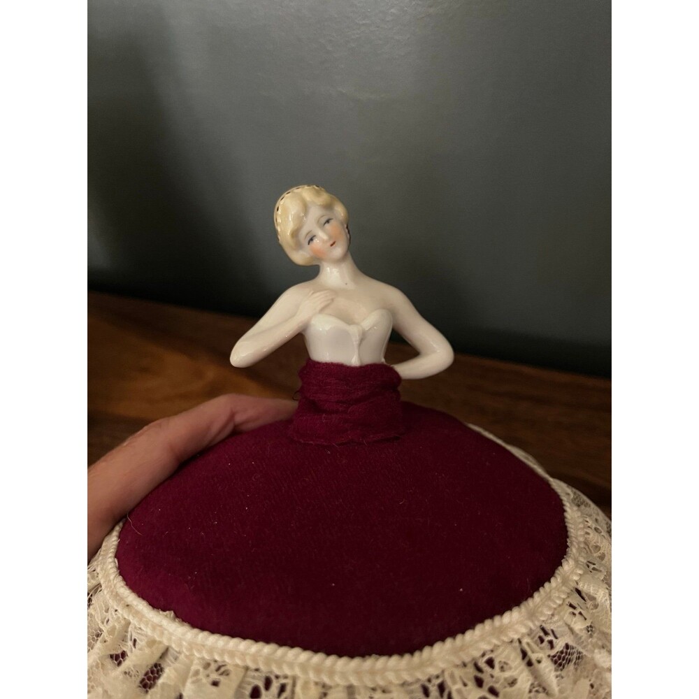 Antique Vintage Porcelain Doll Pin Cushion female Figure Dresser Decor